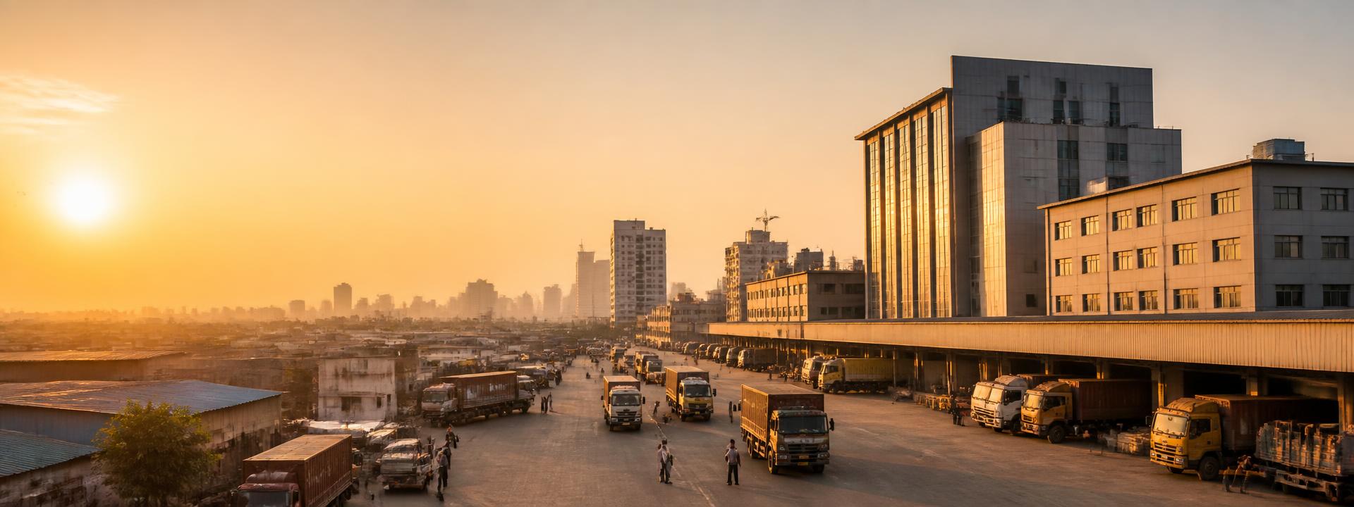An Indian industrial and logistics district at dawn: trucks at loading docks, warehouses and a city skyline beyond