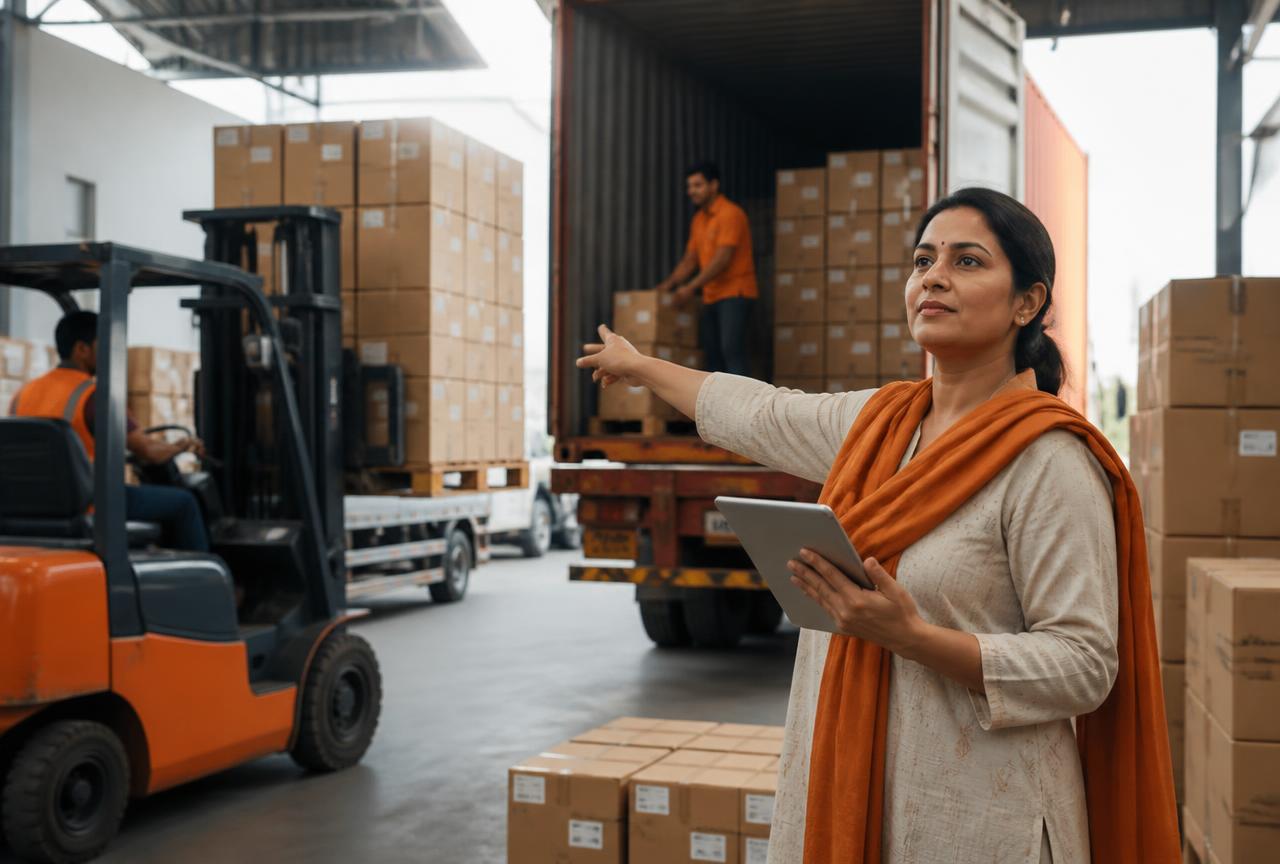 An Indian operations manager with a dispatch list directing stocked cartons onto a waiting truck at a warehouse dock
