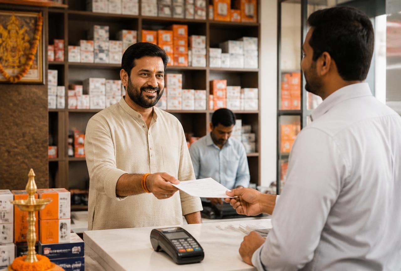 An Indian dealer handing a repeat-order invoice to a business customer, the product stocked several units deep on the shelves behind the counter