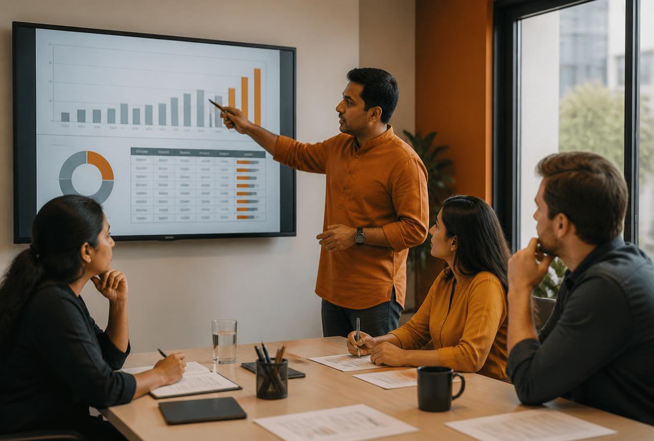 Fortnightly India review in progress: a working group at a table with a named-account sheet and a rising monthly revenue chart on screen, one account circled for decision
